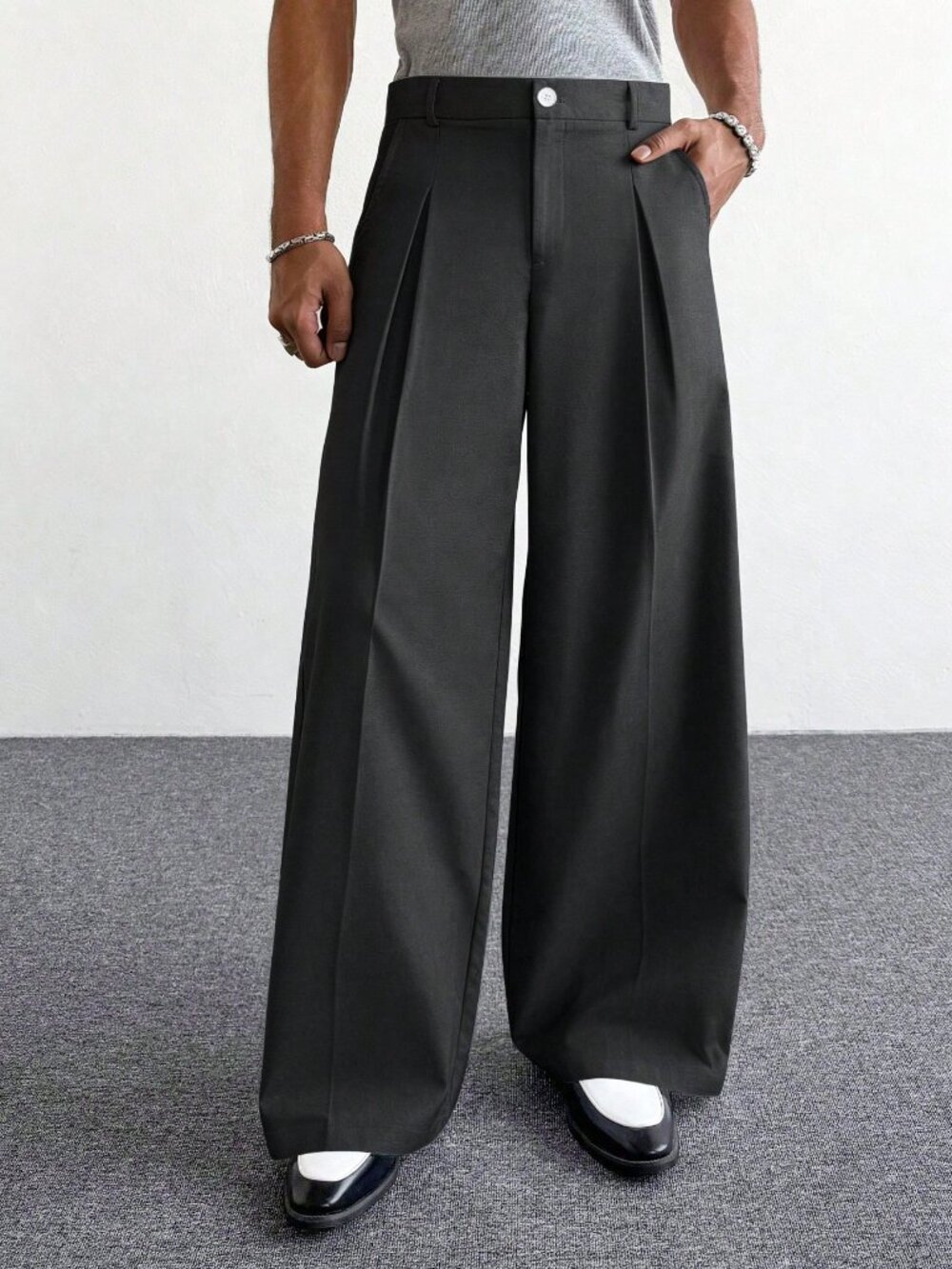 Black Casual Men's Loose Zipper Fly Button Pocket Wide Leg Trousers